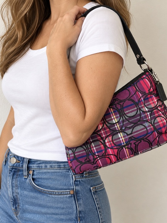 Coach Handbags - Coach Pink Plaid Signature Shoulder Bag with Black Strap